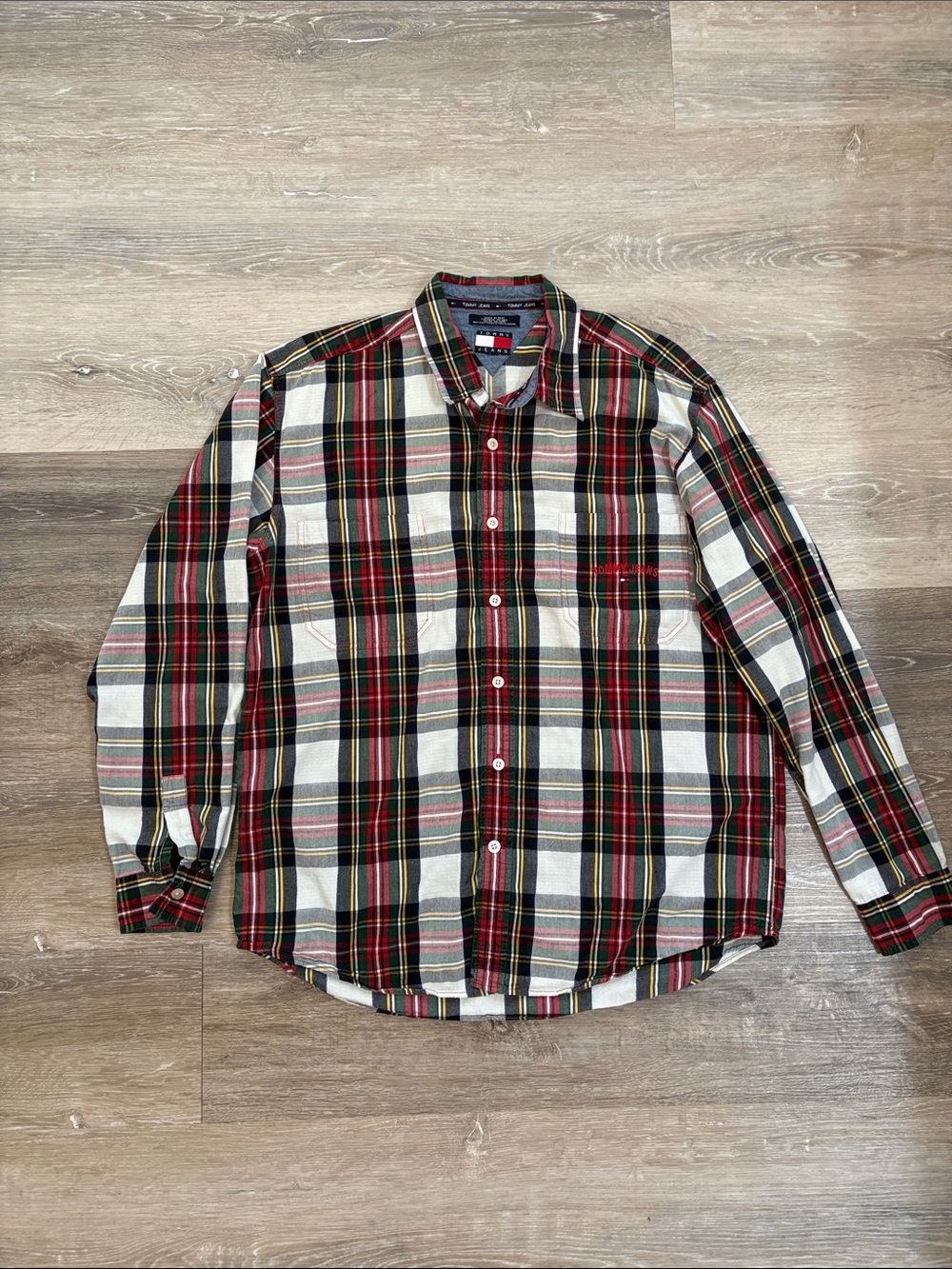 Tommy Hilfiger Men's Red,Blue, White,& Green Plaid Button-Down Collared Shirt